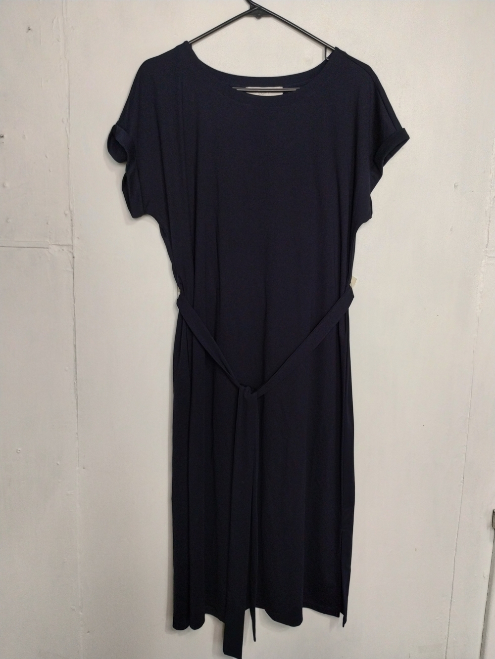 LOFT Navy Short Sleeve Belted Midi Dress